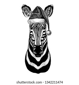 Zebra Horse Camelopard, giraffe wearing christmas Santa Claus hat. Hand drawn image for tattoo, emblem, badge, logo, patch