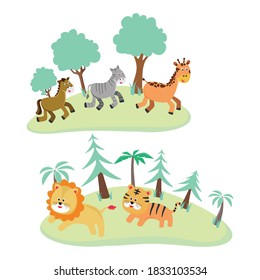 Zebra, horse, girafee, tiger and lion runing in the field illustration. Creative vector childish background for fabric, textile, nursery wallpaper, poster, card, brochure. Vector illustration.