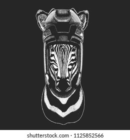 Zebra Horse Wild animal wearing hockey helmet. Print for t-shirt design.