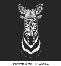 Zebra, Horse. Wild west. Traditional american cowboy hat. Texas rodeo. Print for children, kids t-shirt. Image for emblem, badge, logo, patch.