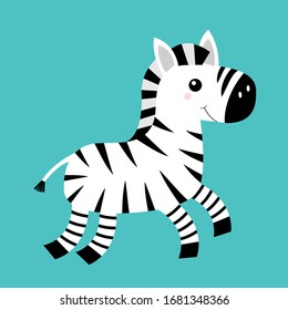Zebra icon. Black striped horse jumping. Notebook cover, t-shirt print. Cute cartoon kawaii funny baby character. Zoo animal. Education cards for kids. Flat design. Isolated. Blue background. Vector