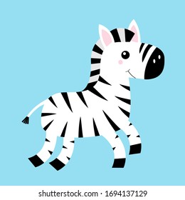 Zebra icon. Black striped horse jumping. Cute cartoon kawaii funny baby character. Notebook cover, t-shirt print. Zoo animal. Education cards for kids. Isolated. Blue background. Flat design. Vector