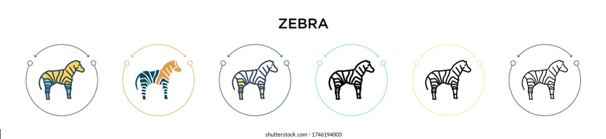 Zebra icon in filled, thin line, outline and stroke style. Vector illustration of two colored and black zebra vector icons designs can be used for mobile, ui, web