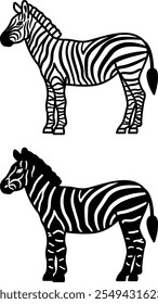 Iconos de cebra. Ilustración vectorial en blanco y negro. Mamífero, Caballo Rayado. Para el diseño de libros para colorear. Concepto animal