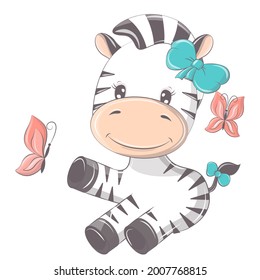 Zebra illustration isolated on white background, cute animal in cartoon style. Vector animal for prints for baby products, the images are made in a cute cartoon style. 