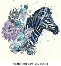 Zebra illustration Splashing effects and flowers.T-shirt and apparels graphic vector Print