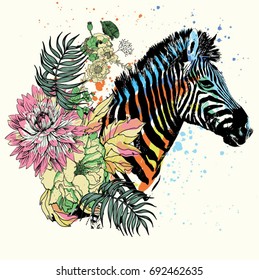 Zebra illustration Splashing effects and flowers.T-shirt and apparels graphic vector Print