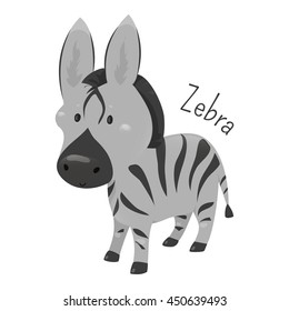 Zebra isolated. African equids horse family united by distinctive black and white striped coats. Part of series of cartoon savannah animal species. Sticker for kids. Child fun pattern icon. Vector