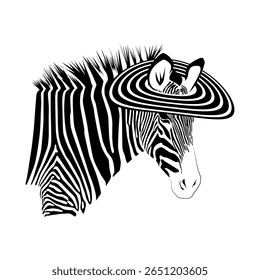Zebra isolada sobre fundo branco. Zebra em chapéu listrado