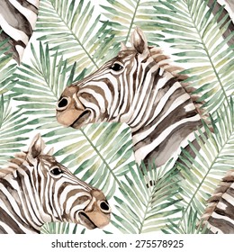 Zebra and jungle leaves. Watercolor. Seamless vector pattern