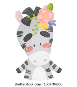 Zebra with a large flower on its head. Vector illustration on a white background.