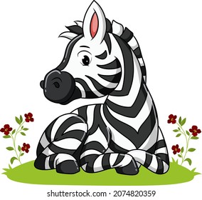 The zebra is laying down on the garden full of flowers of illustration