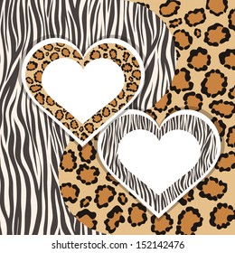 Zebra and Leopard. Contrasts animal patterns. Beloved hearts with form for your text or images. Vector illustration.  