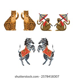 Zebra, leopard and monkey isolated. Vector