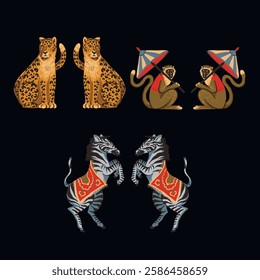 Zebra, leopard and monkey isolated. Vector
