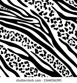 Zebra and leopard pattern mix. Black and white seamless background. Wild animal print. Vector illustration.