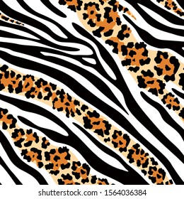 Zebra and leopard pattern mix. Wild animal print seamless background. Vector illustration.