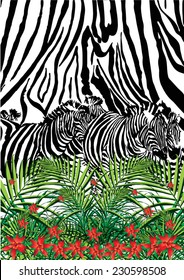 Zebra and leopard print with palm leaf and tropical flowers in vector.