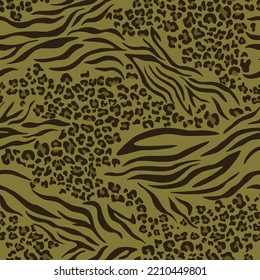 
Zebra leopard print seamless green texture, mix background, animal design. Vector