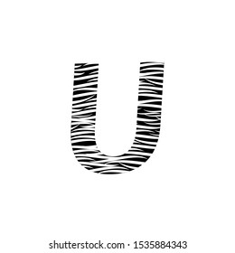 Zebra Letter U Logo Design with Black and White Stripes Vector. Monochrome U Zebra logo