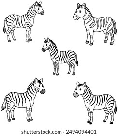 "Zebra Line Art Vector para colorear ilustraciones de páginas." Este Arte vectorial detallado presenta intrincados dibujos en blanco y negro de cebras, perfectos para los entusiastas de los colores y artistas. 