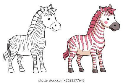 Zebra Line Art Vector Outline Illustration Black and White with Coloring Sample