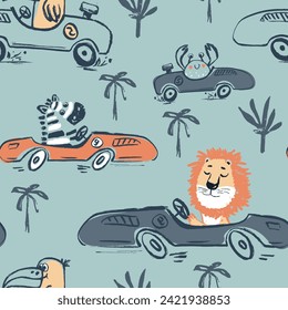 Cebra, león, carrera de autos tocan divertido patrón de camiseta de verano fresco sin costura. Diseño de impresión para viajes por carretera. Deportes náuticos, ropa de niños tropicales, papel tapiz exótico de jungla silvestre infantil. Motivo de velocidad de la caricatura