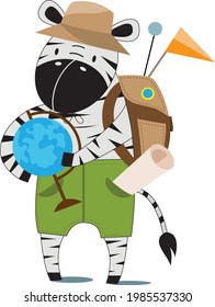 Zebra little explorer go for adventures with backpack and globus. Cute animal character for children. Vector graphics for kids events.
