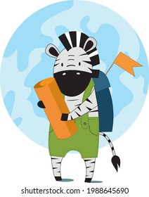 Zebra little explorer go for adventures with backpack and globe, wearing feather. Cute animal character for children, cartoon clip art isolated on white.  