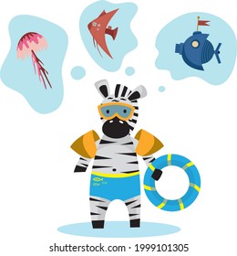 Zebra little goes swimming with swimming ring and swimming goggles. Cute animal character for children, cartoon clip art isolated on white.  