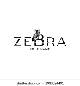 Diseño del logo de cebra con cabeza de animal salvaje. Negro y con rayas. Ilustración vectorial. Letras de textura. Logotipo para tienda, tienda, tarjeta de visita, otros proyectos