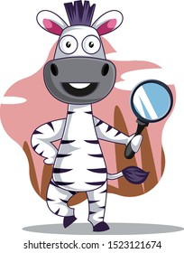 Zebra with magnifier tool, illustration, vector on white background.