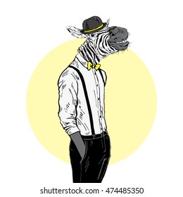 zebra man dressed up in retro style, furry art illustration, fashion animals