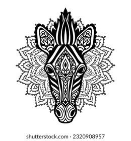 Zebra mandala. Vector illustration. Adult coloring page. Animal in Zen boho style. Sacred, Peaceful. Tattoo print ornaments. Black and white