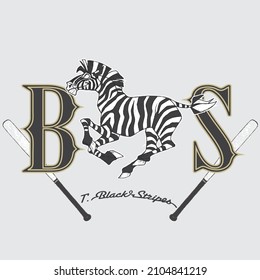 Mascota de cebra de un equipo de béisbol galopando entre las cartas del equipo y dos bates de béisbol