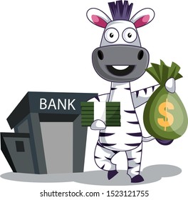 Zebra with money bags, illustration, vector on white background.