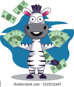 Zebra with money, illustration, vector on white background.