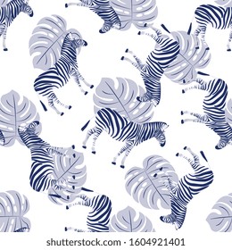 Zebra and monstera leaves seamless pattern. Animal texture. Jungle wallpaper. African exotic background for Fashion design.