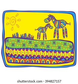 Zebra mother with cub zebra hand drawing style.
