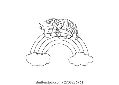 A zebra naps across a rainbow with clouds in continuous line drawing, tailored for kids theme with a nature concept, capturing stripes, color, imagination, and charming nursery decoration.