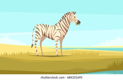 Zebra nature background composition with flat image of wild animal chewing grass and pristine wilderness landscape vector illustration