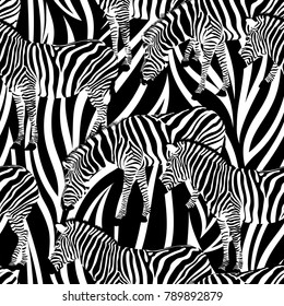 Zebra on abstract background, seamless pattern. Black and white, wild animal texture. design trendy fabric,  vector illustration.