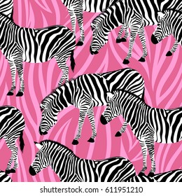 Zebra on abstract pink background. Seamless pattern. Wild animal texture. design trendy fabric texture,  illustration.
