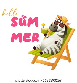 zebra on the beach with a coconut cocktail in a hat and glasses on a sun lounger with the inscription hello summer