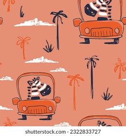 Zebra on car funny cool summer t-shirt seamless pattern. Road trip vacation print design. Beach tropical travel kids apparel, nursery wild jungle exotic wallpaper. Hand cartoon animal repeat motif