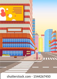 Zebra on city road vector, realistic cityscape with ad on billboards. Boards with advertisements, apartments and facade of skyscrapers empty street