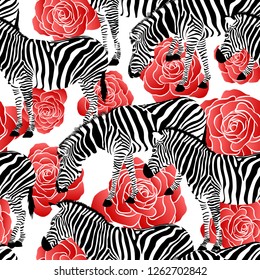 Zebra on red roses background, seamless pattern. Black and white strip, wild animal texture. design trendy fabric,  vector illustration.