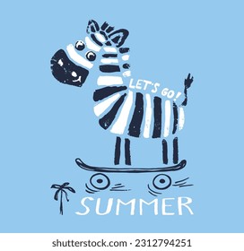 Zebra on skateboard funny cool summer t-shirt print design. Skater in skatepark. Slogan. Skate safari animal illustration. Sport kids typography fashion nursery poster. Happy adorable pattern