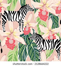 Zebra, orchid flowers, green palm leaves background. Tropical seamless pattern. Vector illustration