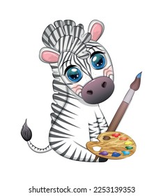 Zebra painter with paint palette and brush. Profession, hobby, children's character.